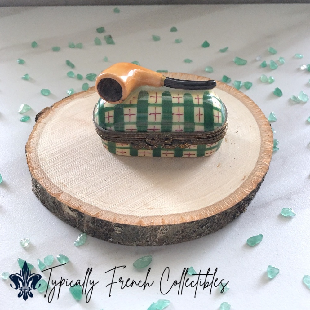 Vintage Pipe Limoges | Green Plaid Trinket Box